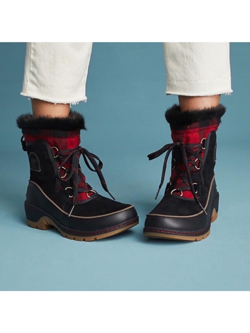 SOREL Tivoli III Waterproof Winter Boots Faux Fur Trim Size 8 Red Black